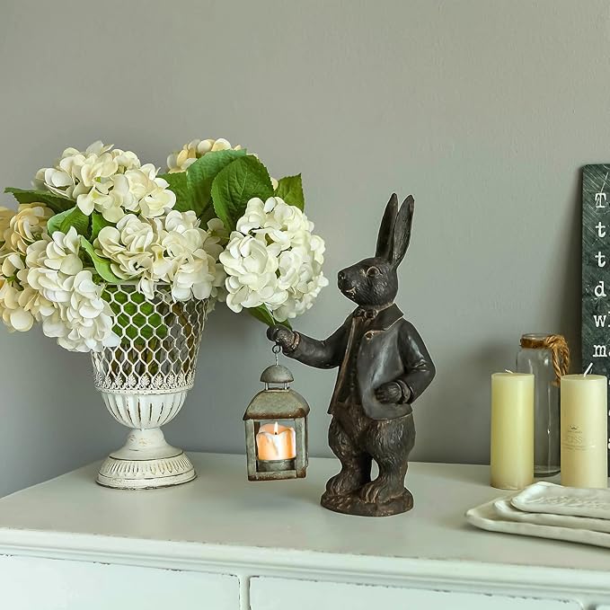 NIKKY HOME Easter Bunny Decorations, Vintage Resin Bunny Figurine with Lantern, Metal Rabbit Tealight Candle Lantern Holder Rabbit Outdoor Statues Gift for Garden Home