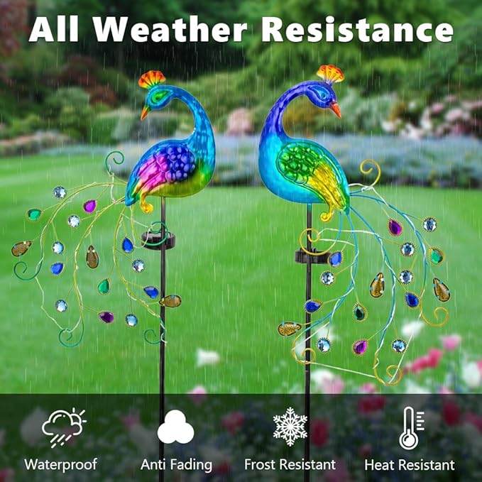 DREAMSOUL 2 Pack Peacock Solar Lights Outdoor, Waterproof Metal Peacock Outdoor Solar Lights for Yards Pathway Lawn Decoration Peacock Gifts