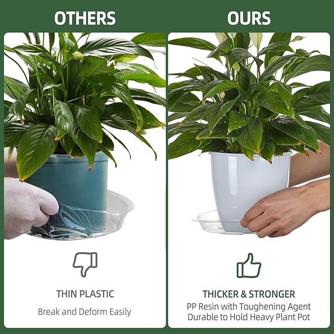 BORPEIN Plant Saucer (6,8,10inch, 18 Pack) Clear Plastic Plant Trays for Pots Indoors Outdoors,Thicker Flower Pot Saucers, Plant Plate to Catch Water