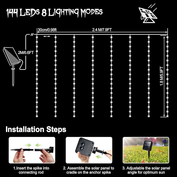 echosari Christmas Curtain Lights Solar Powered 7.9ft x 6ft 144 LED Outdoor Curtain Lights Waterproof with Timer 8 Modes for Christmas Garden Patio Fence Wedding Wall Window Gazebo Decor Cool White