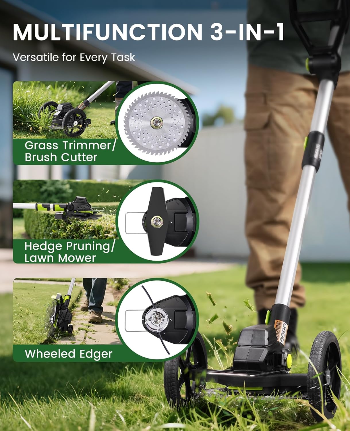Electric Weed Wacker Cordless with Wheel, Brushless Grass Trimmer with 2 21V 4.0Ah Battery and Fast Charger, 3 Types of Blades String Trimmer, Weed Eater Battery Powered, Grass Cutter Machine