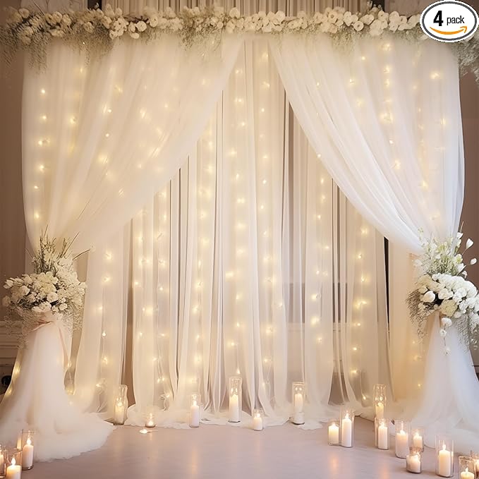 20×10ft White Tulle Backdrop Curtain with Lights String for Parties, Sheer Photo Backdrop Curtains for Wedding Party Photography Background