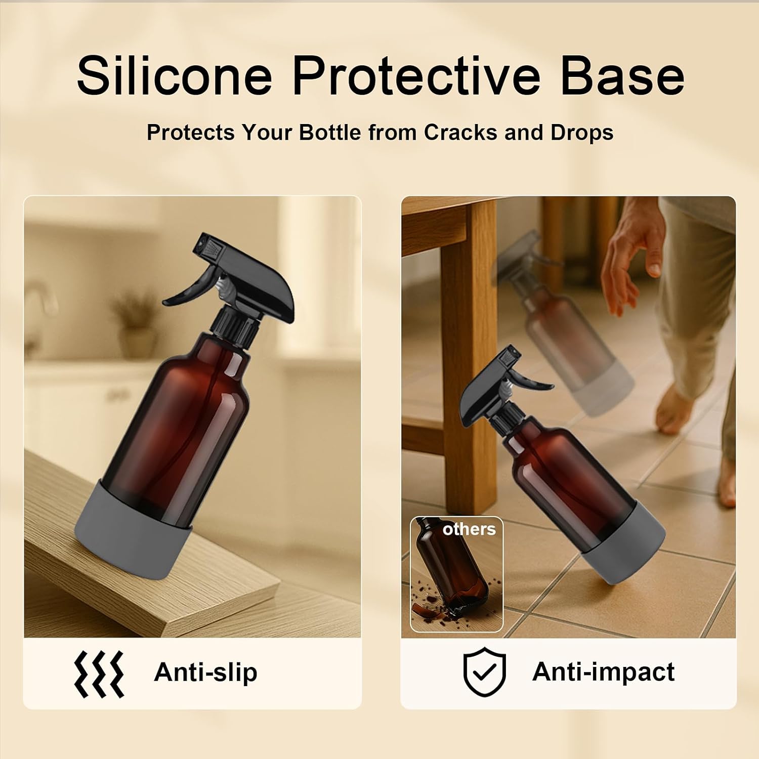 Glass Spray Bottles with Silicone Sleeve 16.9oz 2 Pack Empty Spray Bottle for Hair Mist/Stream Spraying for Cleaning Solutions, Plants, Essential Oils (Brown-grey&white)