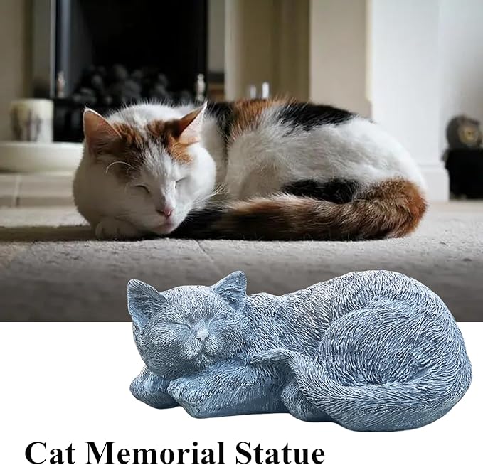 Cat Garden Statue Decoration, Memorial Stone Peaceful Sleeping Figurine for Patio Lawn Porch, 11.5" Cat Memorial Statue Grave Markers and Loss Pet Sympathy Gift