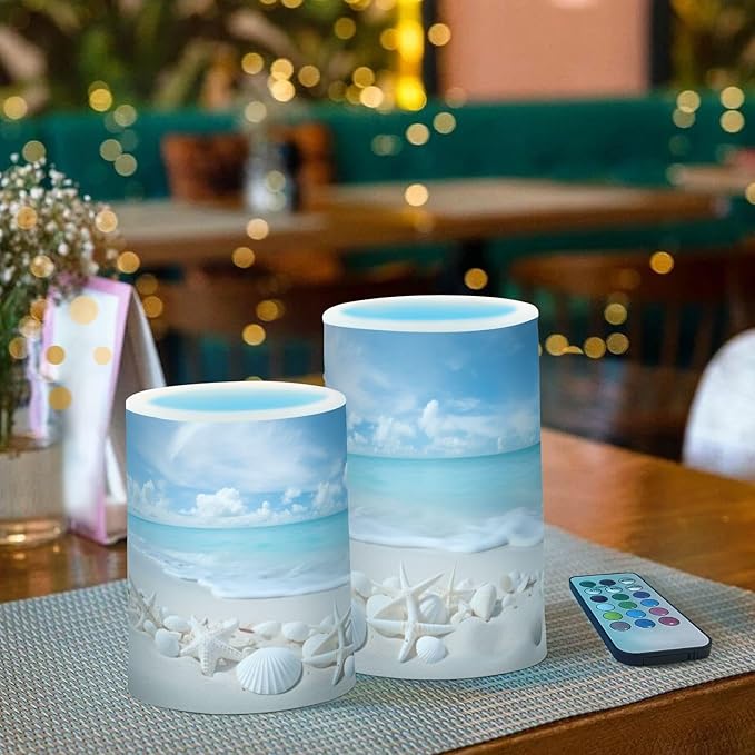 Flickering Flameless Candles, Starfishes Seashells Beach Blue Sky LED Candles with Remote Timer, Set of 2 Battery Operated Candle for Valentine Wedding Birthday