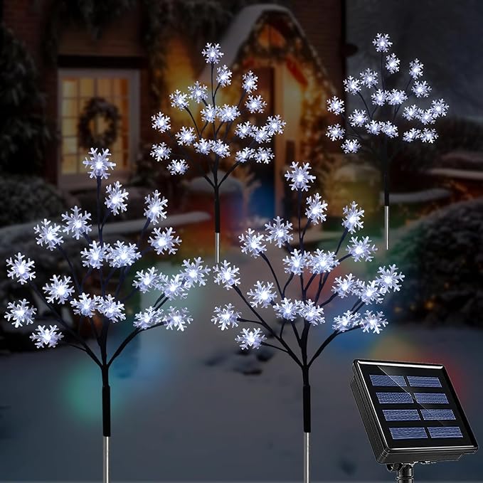 4-Pack 80LED Solar Snowflake Stake Lights - 8 Modes, Waterproof Outdoor Christmas Decorations for Garden, Yard, Pathway, Walkway