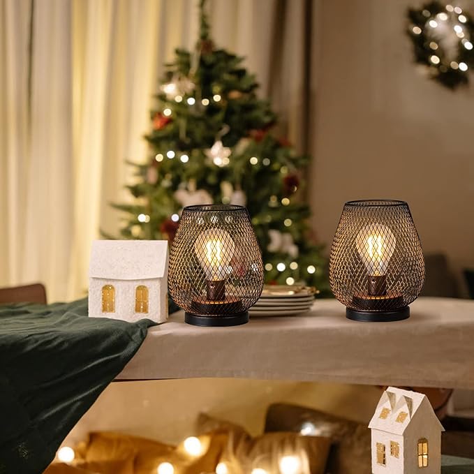 DECORKEY Set of 2 Rechargeable LED Table Lantern, Brown Metal Cage Cordless Lamps with LED Bulb，Vintage Decorative Outdoor Lantern for Weddings, Parties, Patio, Events for Indoors Shelf Decor