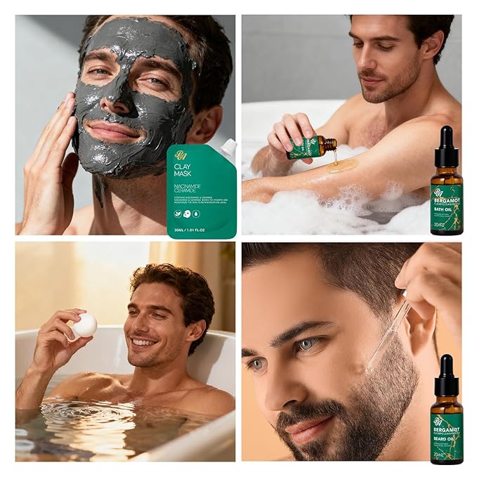 Men Bergamot Facial Skin Care Set, 21 Pcs Beard Grooming Kit, Bath and Body Gift Set, Cleanser, Beard Oil, Serum, Face Cream, Birthday, Christmas, Valentines, Father Day, Husband, Dad, Boyfriend
