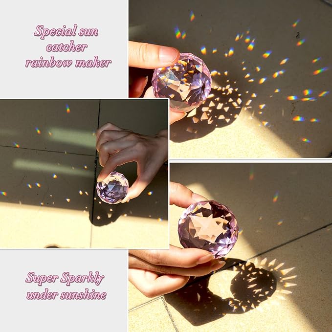 FONMY Gazing Ball Spiral Tail -Decorative Wind Spinner Sun Catcher Rainbow Maker 11 inch Tail and 2 inch Pink Crystal Orb. Indoor Outdoor Garden Decoration -13 inch Height