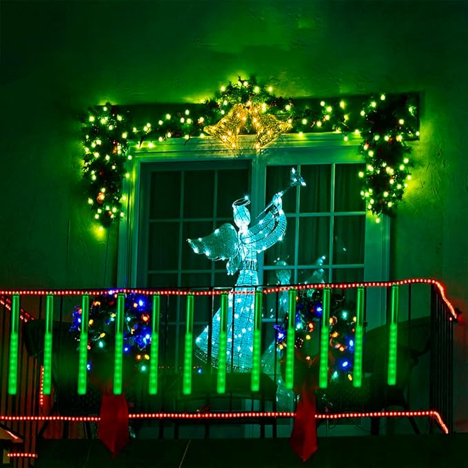 Green Christmas Lights Outdoor, 16 Inch Meteor Shower Lights for Halloween St Patricks Day Decorations, Green Icicle Lights for Outside Tree Holiday Porch Roof Yard Garden Decor