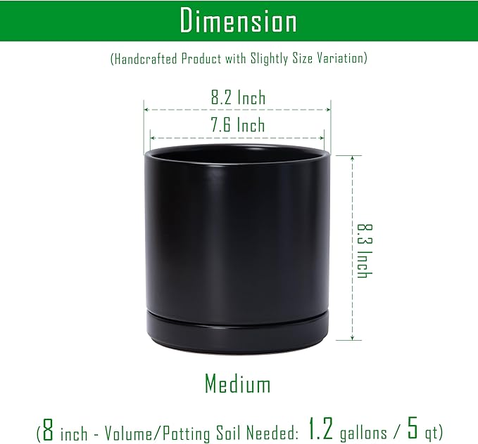 D'vine Dev 8 Inch Ceramic Planter Pot with Drainage Hole and Saucer, Indoor Cylinder Round Planter Pot, Black, 94-O-D-2