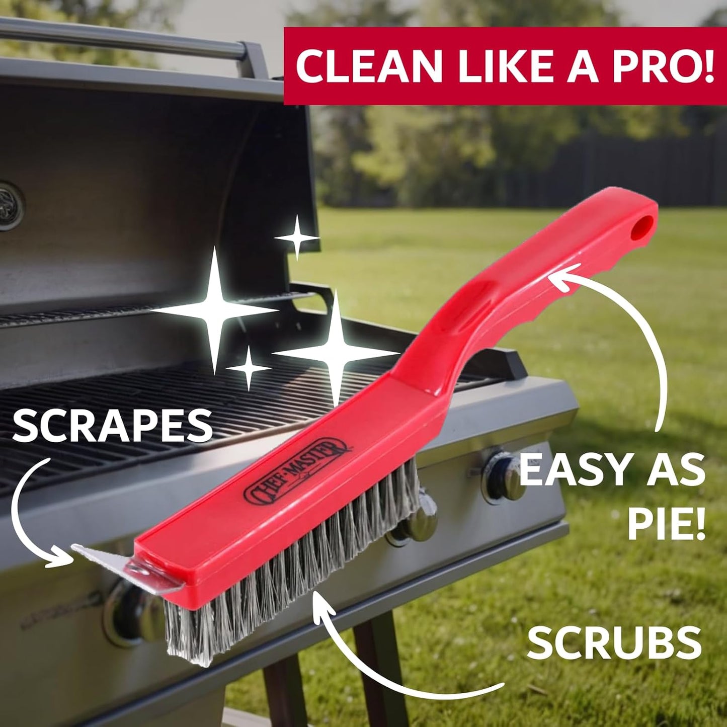 Chef Master Grill Brush & Scraper, Heavy Duty Plastic Handheld Grill Cleaning Brush, Scraper Head with Tough Wire Bristles Grill Brush for Grill Grates, Outdoor BBQ Grill & Grilling Accesories - 90044