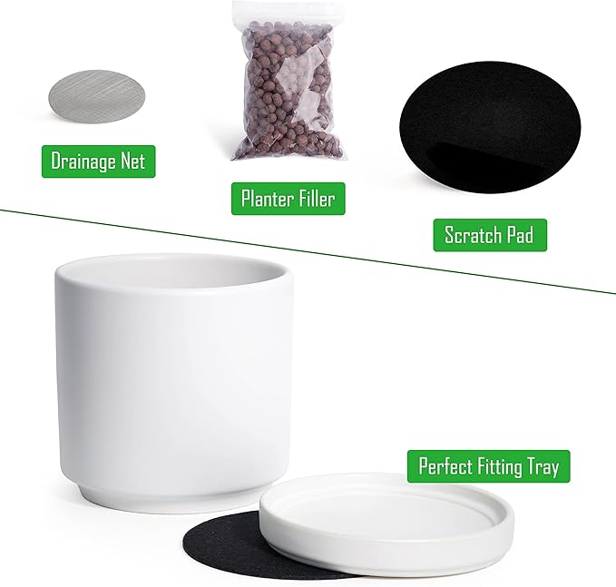 D'vine Dev 6 Inch & 8 Inch Ceramic Planter Pots for Plants with Drainage Hole and Saucer, Medium Plant Pots Set, White, 94-G-M-1