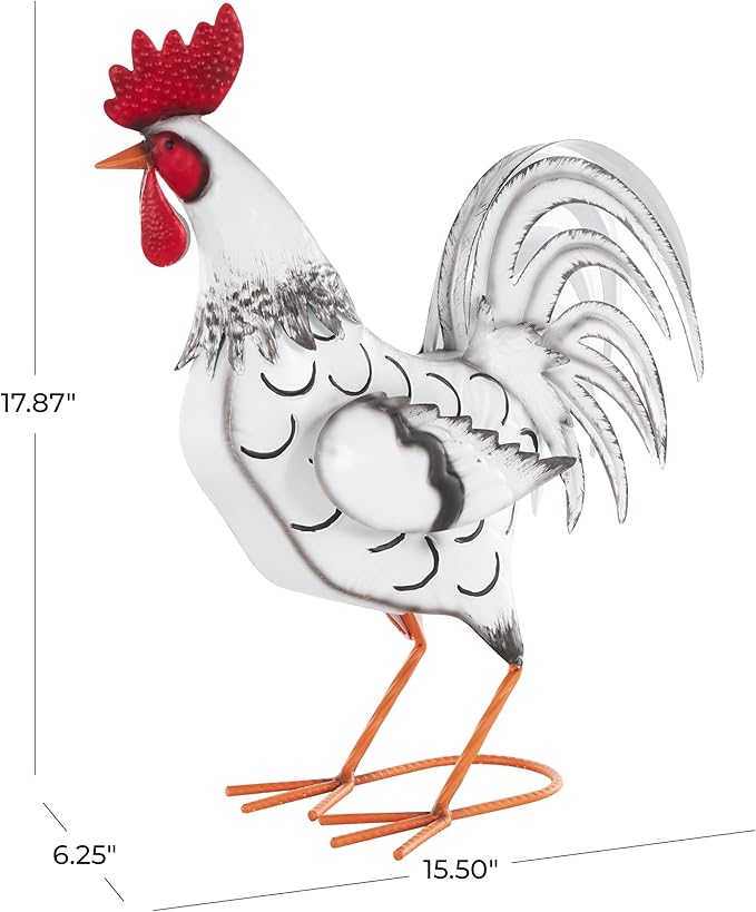 Deco 79 Metal Rooster Decorative Garden Sculpture Garden Statue with Black and Red Accents, Outdoor Sculpture 6" x 16" x 18", White