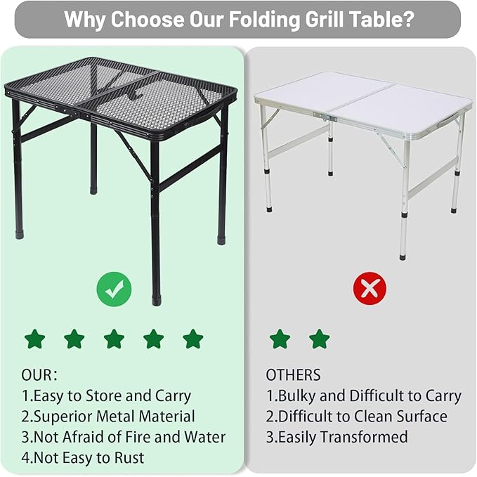 Folding Grill Table Metal Portable Camping Table with Mesh Desktop Lightweight & Foldable Height Adjustable Black Picnic Table for RV, BBQ Outside Inside