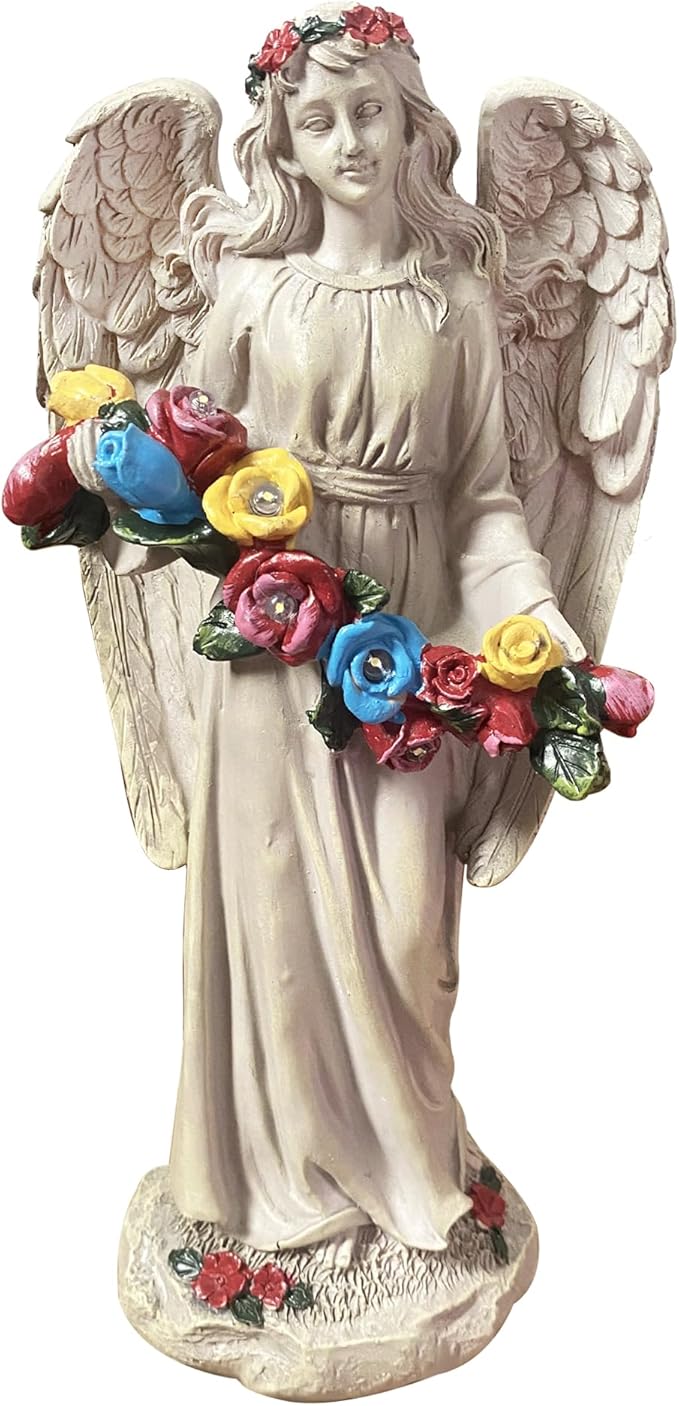 Angel Statues for Garden, Solar Angels for Outside, Angels Sculpture Holding Wreath for Outdoor Patio Lawn Balcony Ornament Gifts for Women/Mom/Grandma