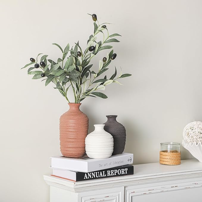 Ceramic Vase Set of 3 Decorative Vase for Home Decor Modern Farmhouse Decor Pottery Neutral Vases for Living Room Bathroom Table Mantel Fireplace Entryway Shelf (02-Brown)