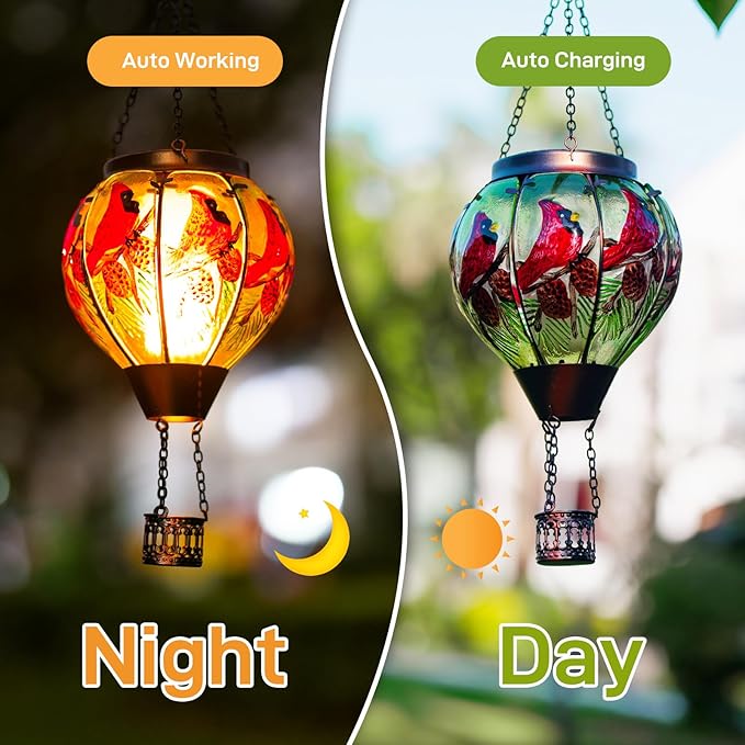 Cardinal Solar Hot Air Balloon Lantern with Flame, Glass Hot Air Balloon Solar Lantern Outdoor Waterproof, Hanging Hot Air Balloon Solar Light, Cardinal Gifts for Mom Woman Christmas