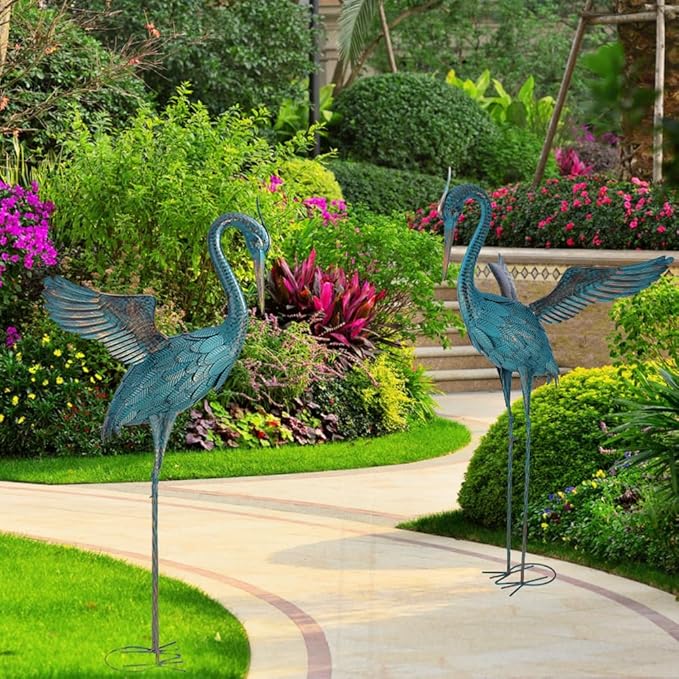 44'' Blue Heron Garden Statue, Large Crane Outdoor Statue, Crane Metal Yard Art for Outside Backyard, Pond, Patio, Lawn Decor