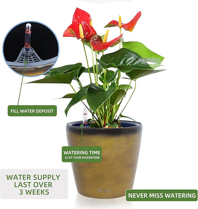 Dexceder 9x8 Inches Self Watering Planter Indoor Outdoor, Inner Pot Design, Thickened Table Flower Plant Pot with Water Level Indicator (Yellow Brown Gradient)