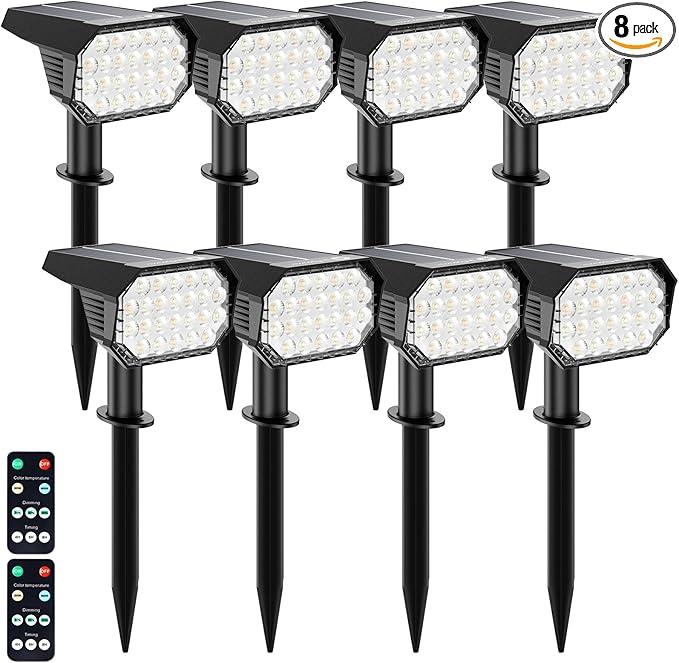 Brightown Solar Lights Outdoor Waterproof, White and Warm White 2 Colors Solar Spot Lights Outdoor with Remote Control, 3 Modes Solar Powered Outdoor Lights for Yard Porch Pathway Garden, 8 Pack