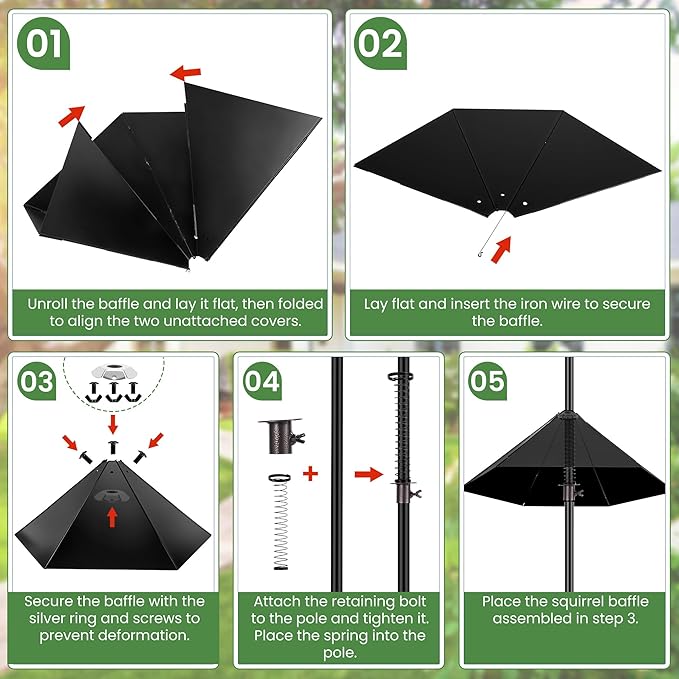 Bird Feeder Pole, 79 Inch Heavy Duty Bird House Pole Mount Kit for Outdoors, Adjustable Feeding Stand, with 2-Hooks, Metal Squirrel Baffle and 5-Prong Base, Black