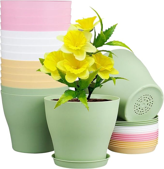6 inch Plastic Nursery Pots, Seedling Pots, 16 Pack Plant Pots for Small Indoor Outdoor Plants, Flower Pots with Drainage Holes and Saucers, Decorative Planters for House Plants, Colorful