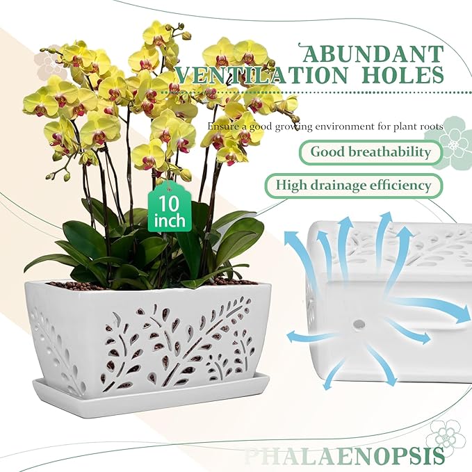 Ceramic Orchid Pot, 10 Inch Rectangular Orchid Pots with Holes, Premium Thickened Handmade Glazed Pot for Orchidaceae Plants, Indoor Outdoor Decorative Flower Pot for Easy Repotting