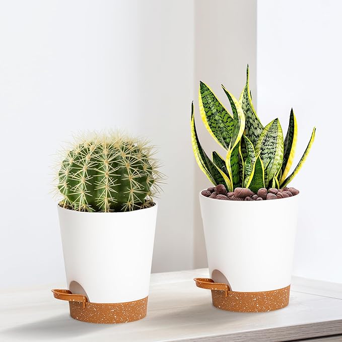 4 inch Small Plant Pots for Outdoor Indoor Plants, 5 Pack Planters with Drainage Holes and Tray, Small Self Watering Pots for Succulent,Cactus, Aloe and Other Plants (White)