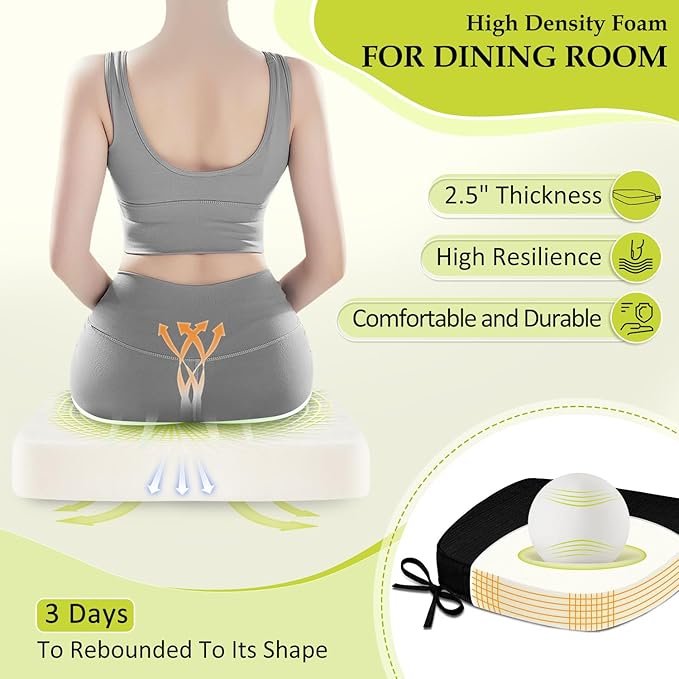 Chair Cushions for Dining Chairs, Indoor Chair Cushions with Ties，Waterproof Chair Pads Set of 6, Black, 17x16x2.5 Inch