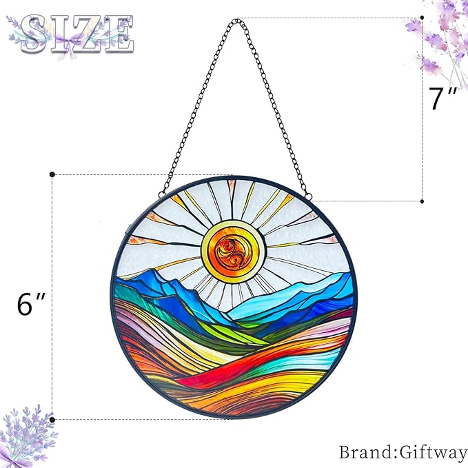 Artistic Colorful Sunrise Stained Glass Suncatcher - Window Wall Hanging Ornament Hand-Painted Glass Panel Sun Catcher - Decoration for Home Garden Christmas Party Wedding Housewarming Gifts