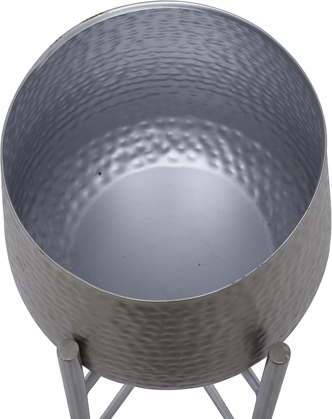 CosmoLiving by Cosmopolitan Metal Indoor Outdoor Planter Hammered Large Planter Pot with X-Shaped Stands, Set of 2 Planters 19", 16"H, Silver
