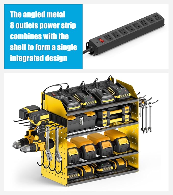 CCCEI Modular Desk Power Tools Organizer with Charging Station, 4 Layer Drills Battery Storage Wall Mount, Garage Shop Organization, Anniversary, Birthday, Gifts for Men, Father, Yellow, 6FT Cord.