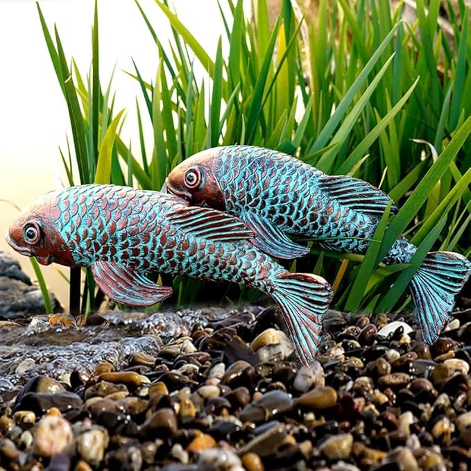 Garden Statues, Koi Fish Decor, Set of 2 Antique Koi Fish Garden Statue,Fish Sculpture Garden for Outdoors, Patio Decor, Backyard and Home Kitchen Decoration