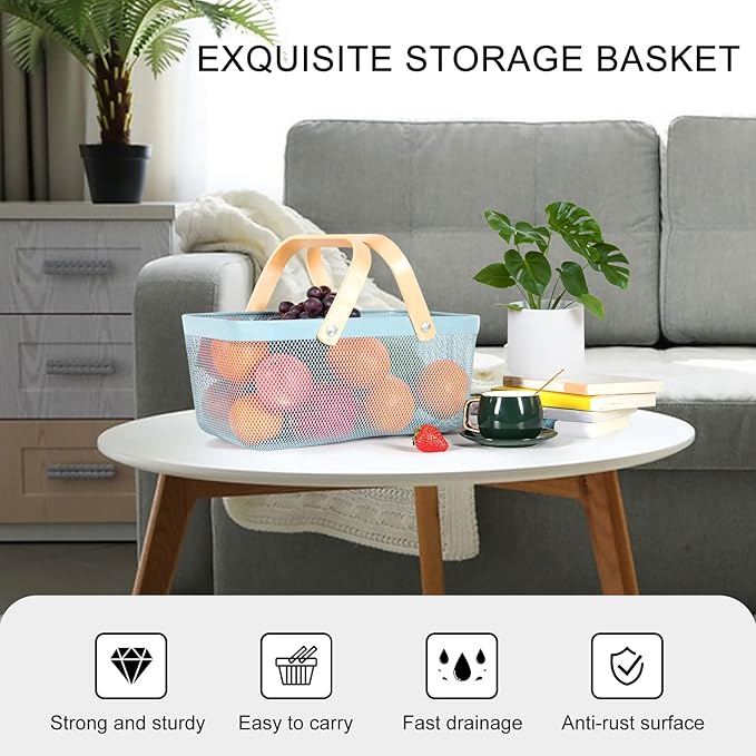 Garden Harvest Basket,Delicate Harvest Basket for Garden Vegetables,Practical Metal Mesh Wire Basket with Handle Suitable for Bathroom,Cabinet,Kitchen(Blue)