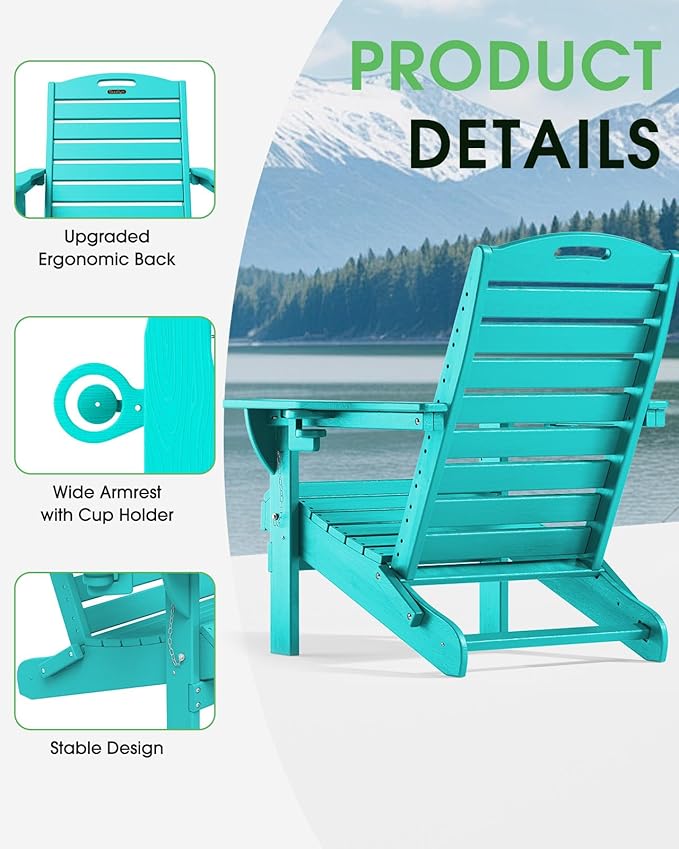 Folding Adirondack Chair HDPE All-Weather Adirondack Chairs with Cup Holder, Outdoor Fire Pit Chairs Lawn Chair for Deck Patio Garden (Lakeblue)