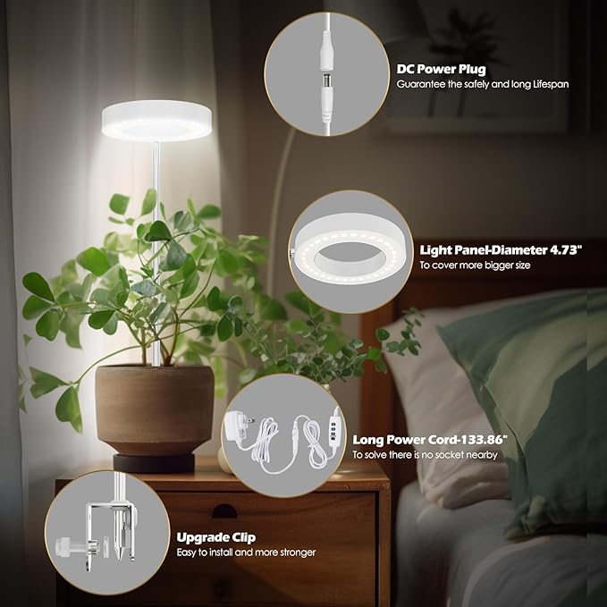 GLOWRIUM Grow Lights for Indoor Plants, Full Spectrum Plant Lights with Clip, Height Adjustable&3 Spectrum Mode, 3/9/12h Automatic Timer, 10 Dimmable Brightness, Mini Halo Grow Lights for Small Plant