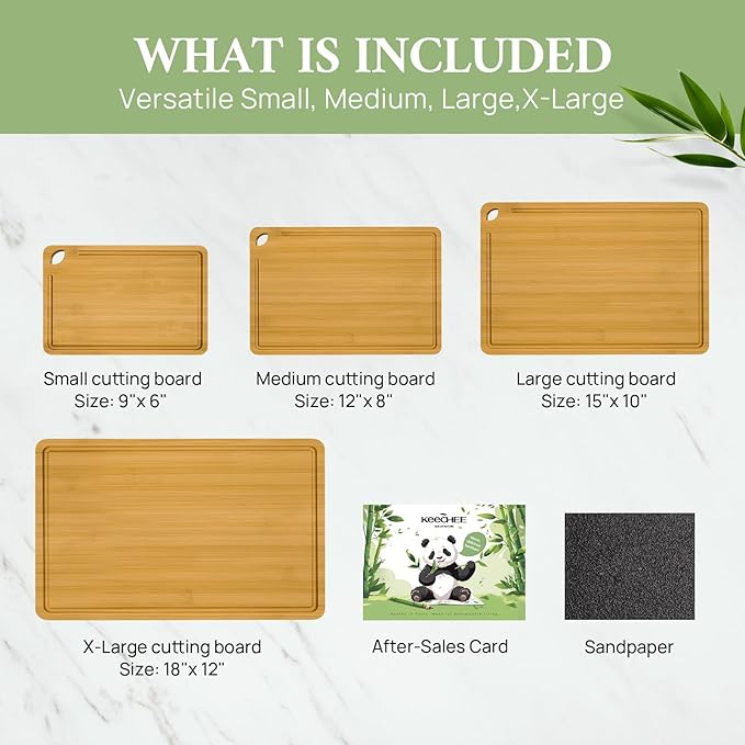 4-Pcs Natural Wood Cutting Board Set Kitchen Tools with Juice Groove, Wooden Chopping Board for Meat, Fruit, Vegetables & Cheese (Pre Oiled, Natural)