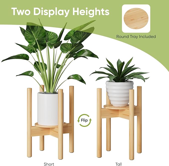 Adjustable Plant Stand, Bamboo Plant Stand Indoor with Tray, Wood Plant Stand for 8 to 12 inches Flower Pots, Single Mid Century Modern Plant Stand for Indoor Plants, Natural