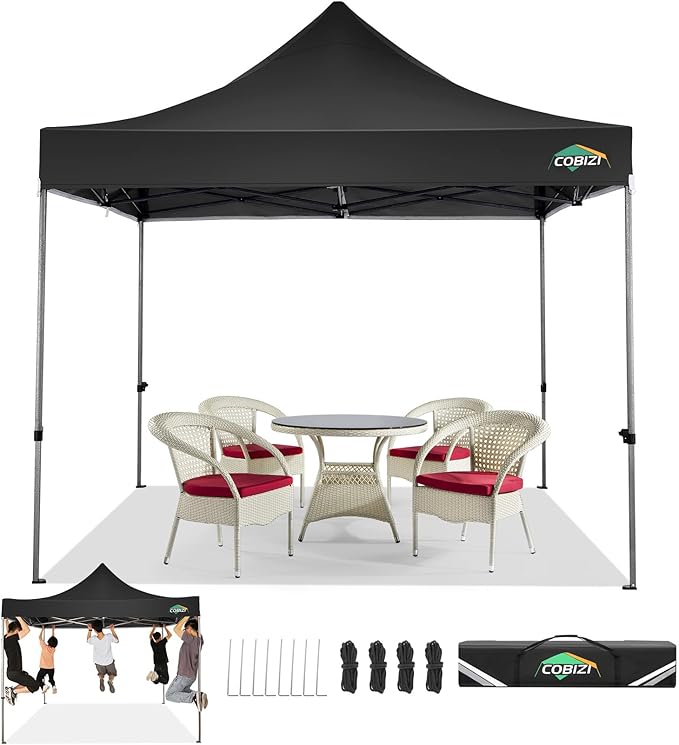COBIZI 10x10 Pop Up Canopy Tent 10x10 Easy up Canopy, Heavy Duty Outdoor Canopy UPF 50+ All Weather Waterproof Instant Party Tents for Parties Gazebo with Handbag, Black(Windproof Upgraded)
