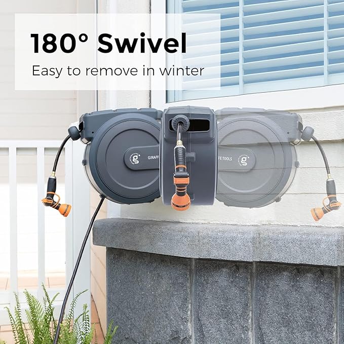 Giraffe Tools Retractable Garden Hose Reel 5/8 inch x 90 ft Hose Reels for Outside, Wall Mounted Water Hose Reel with 180 Deg Swivel Bracket, Any Length Lock, 9 Pattern Hose Nozzle