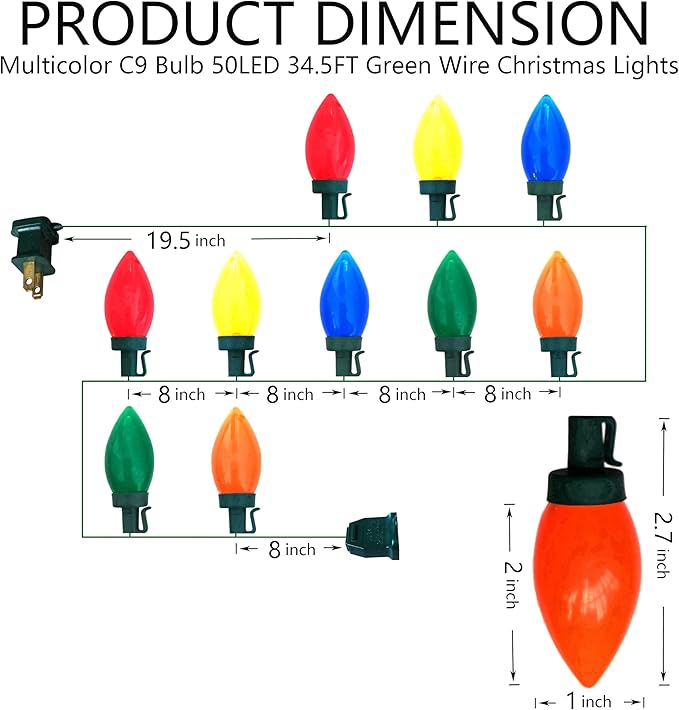 C9 Christmas Lights Outdoor 50 LED Multicolor Strawberry 34.5ft Waterproof Xmas String Light for Garden Yard Home Party Holiday Christmas Tree Indoor Decoration(Multicolor)