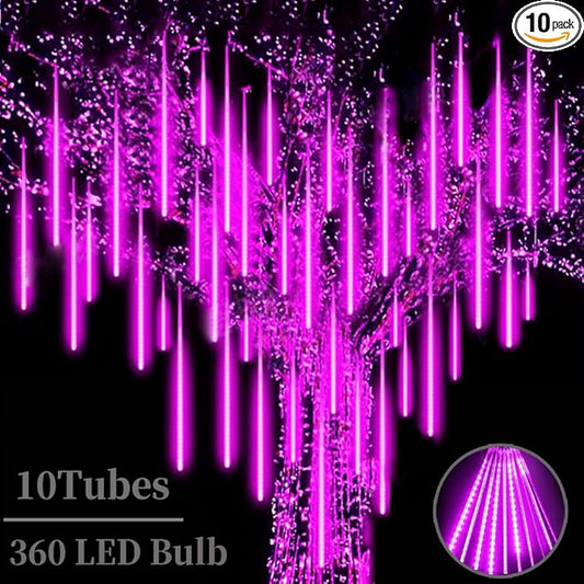 Christmas Purple Meteor Shower Rain Lights, 10 Tube 360 LED 12 Inch for Outdoor Halloween Falling String Raindrop Decor, Patio Garden Roof Eaves