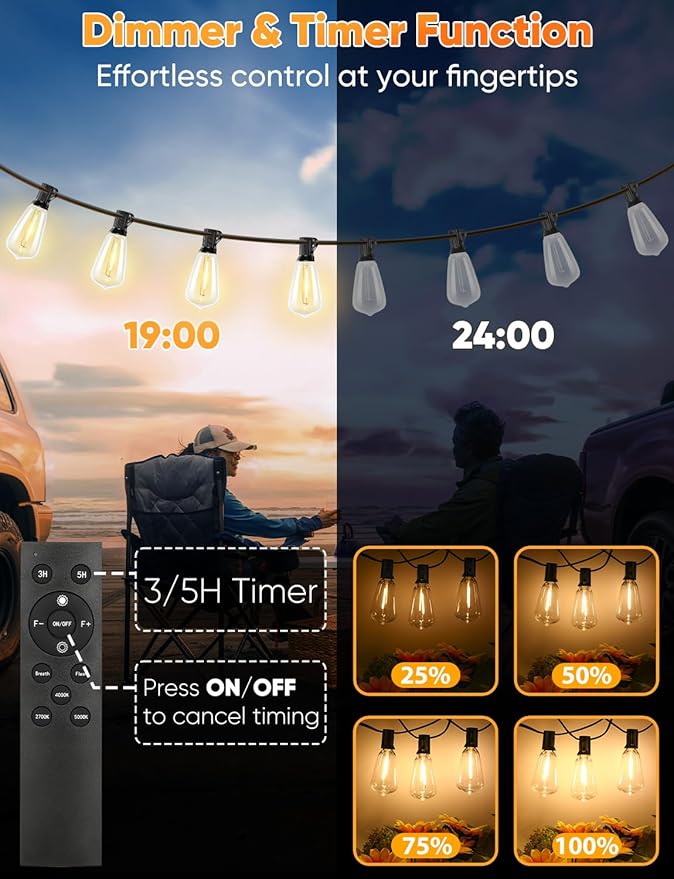 Brightever 200FT Outdoor String Lights with Remote, 2700K/4000K/5000K Selectable LED Patio Lights with 60+2 ST38 Vintage Edison Bulbs, 3 Lighting Modes, 3H/5H Timer, Dimmable String Light for Outside
