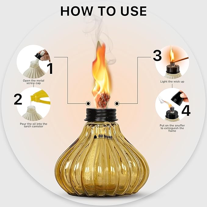 Deco Window Pack of 3 Table Torch for Indoor Outdoor Citronella Oil Tabletop Glass Lamp Landscape Yellow Lantern with Fiberglass Wick & Cap for Patio Garden Yard Party Decor Light