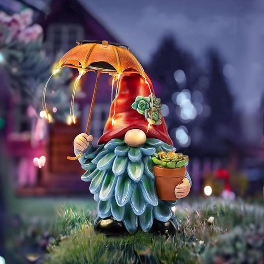 Elenon Garden Gnome Decor Solar Lights, Solar Elf Holding Umbrella Figurines Outdoor Decorative, Yard Art Garden Sculptures & Statues for Patio Yard Pathway