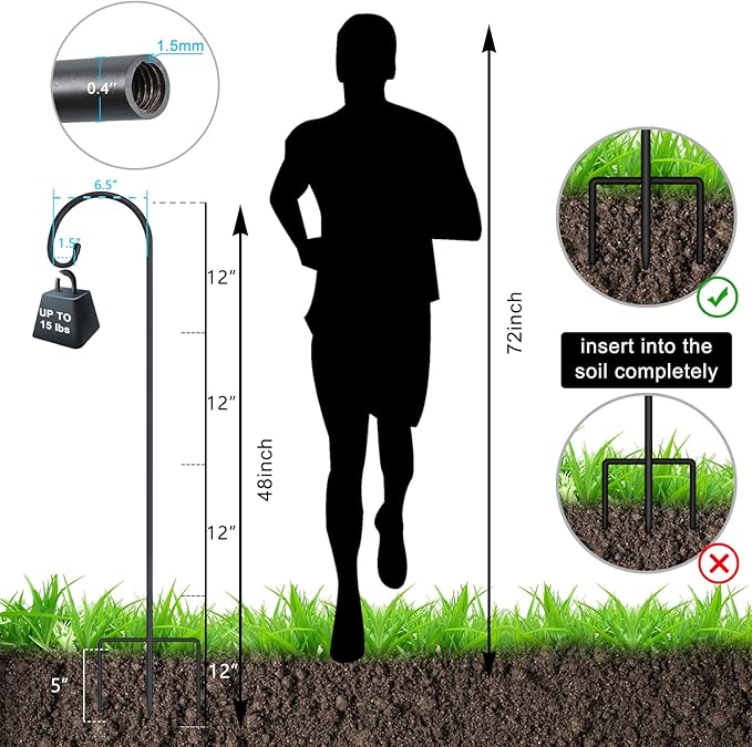 FEED GARDEN Adjustable 48 Inch Small Shepherd Hooks for Outdoor, Garden Hooks for Lanterns, Shepard Hooks for Hanging Plants, Bird Feeders, Solar Lights, Mason Jars, Weddings Decor,2 Pack