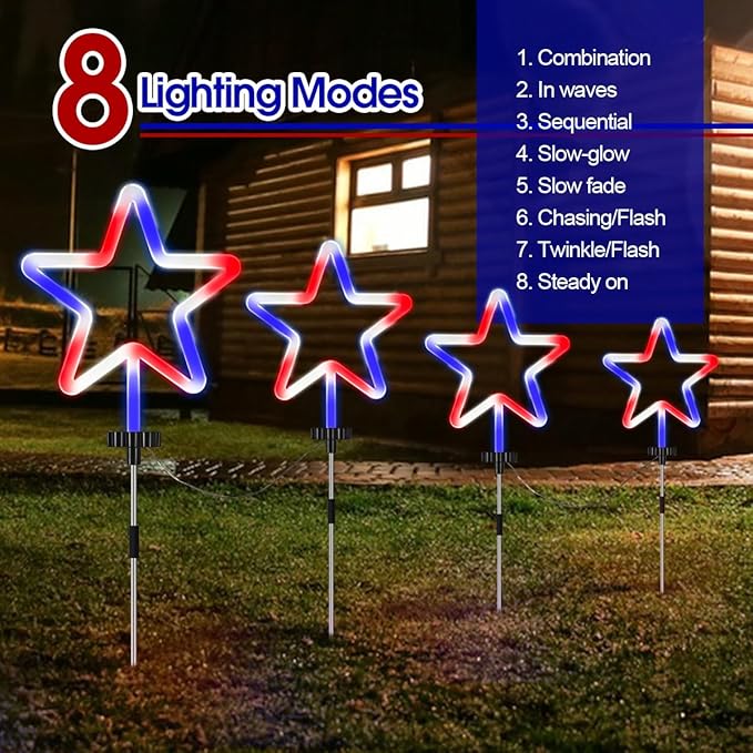 4 Pack Red White and Blue Solar Light Outdoor, 4th of July Decorations Patriotic Lights with Big LED Neon Star, Garden Stake Pathway Lights with 8 Modes for Independence Day Memorial Day Decor