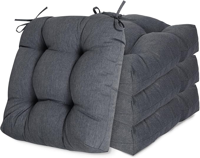 Aoodor 19" x 19" x 5" Tufted Outdoor Chair Cushions, Water Resistant & Fade Resistant Polyester Dining Chair Pads with 2 Straps for Patio Furniture, Set of 4