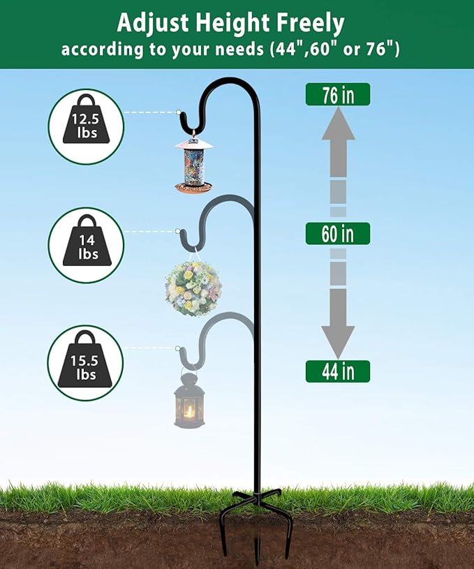 Artibear Adjustable Outdoor Shepherd Hook Stand with 5 Prong Base, 76 Inches Tall 3/5 in Thick, Shiny Black (2 Packs)